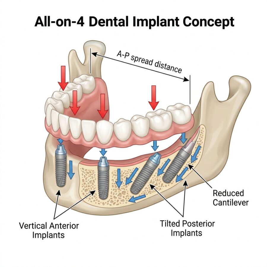Ứng dụng sinh cơ học của kỹ thuật đặt Implant nghiêng (Tilted Implants) trong giải pháp All-on-4: Cơ chế phân phối lực nhai và cách tối ưu hóa khoảng phục hình.