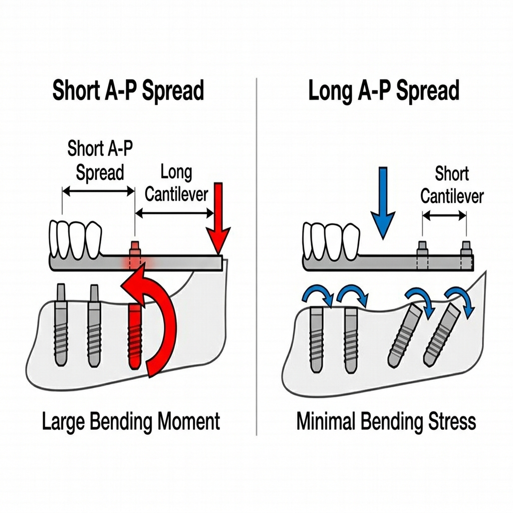 he thong ap spread cantilever sinh co hoc all on 4 implant nghieng Sơ đồ cơ học đòn bẩy (Lever-Fulcrum System) mô tả tác động của lực nhai lên cầu răng All-on-4. So sánh hai trường hợp: Hệ thống có AP-Spread ngắn/Cantilever dài (lực nhai tạo mô-men uốn lớn gây hại xương quanh Implant sau) và Hệ thống AP-Spread dài do Implant nghiêng/Cantilever ngắn (lực nhai được phân bổ đều, giảm tải lực đòn bẩy). Phong cách sơ đồ kỹ thuật cơ khí, mũi tên lực màu đỏ và xanh.