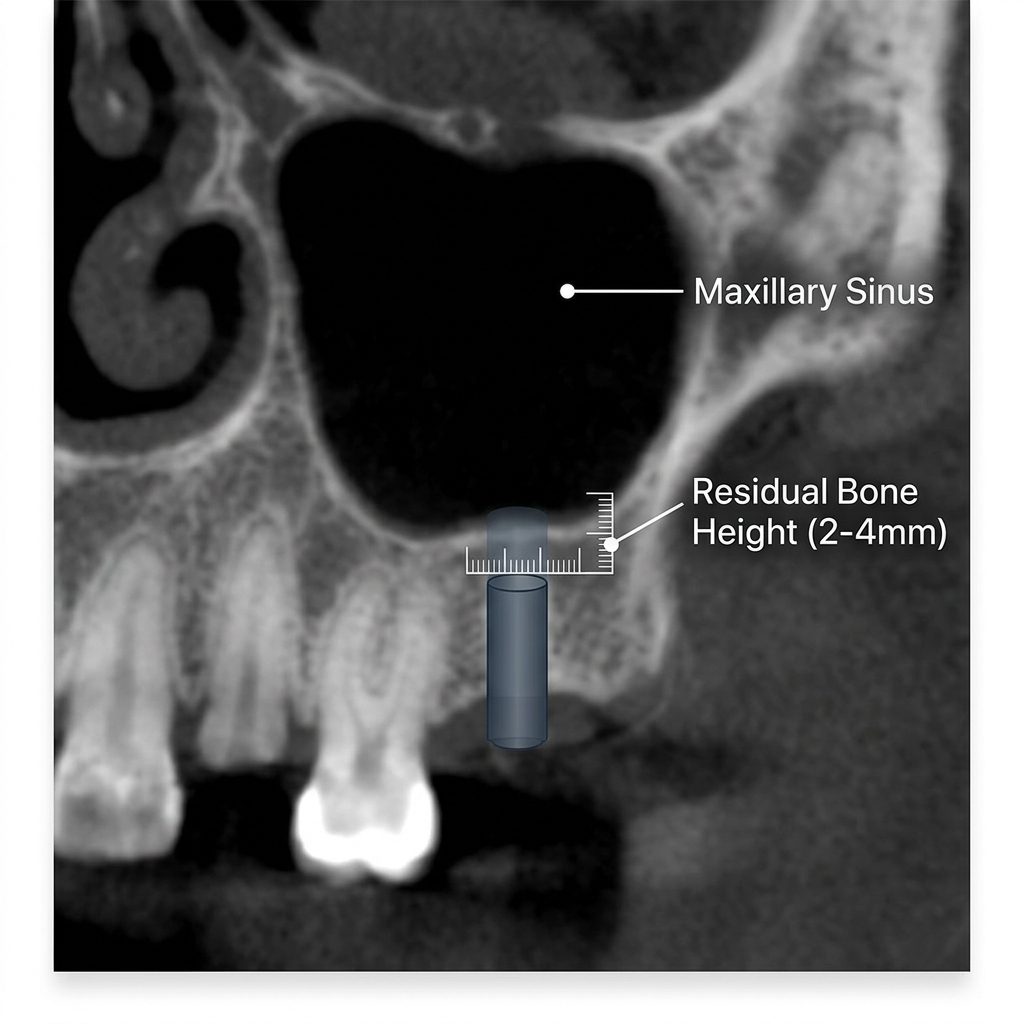 Chẩn đoán CBCT xác định khoảng cách đến đáy xoang hàm hạn chế trước khi cấy implant răng sau hàm trên.