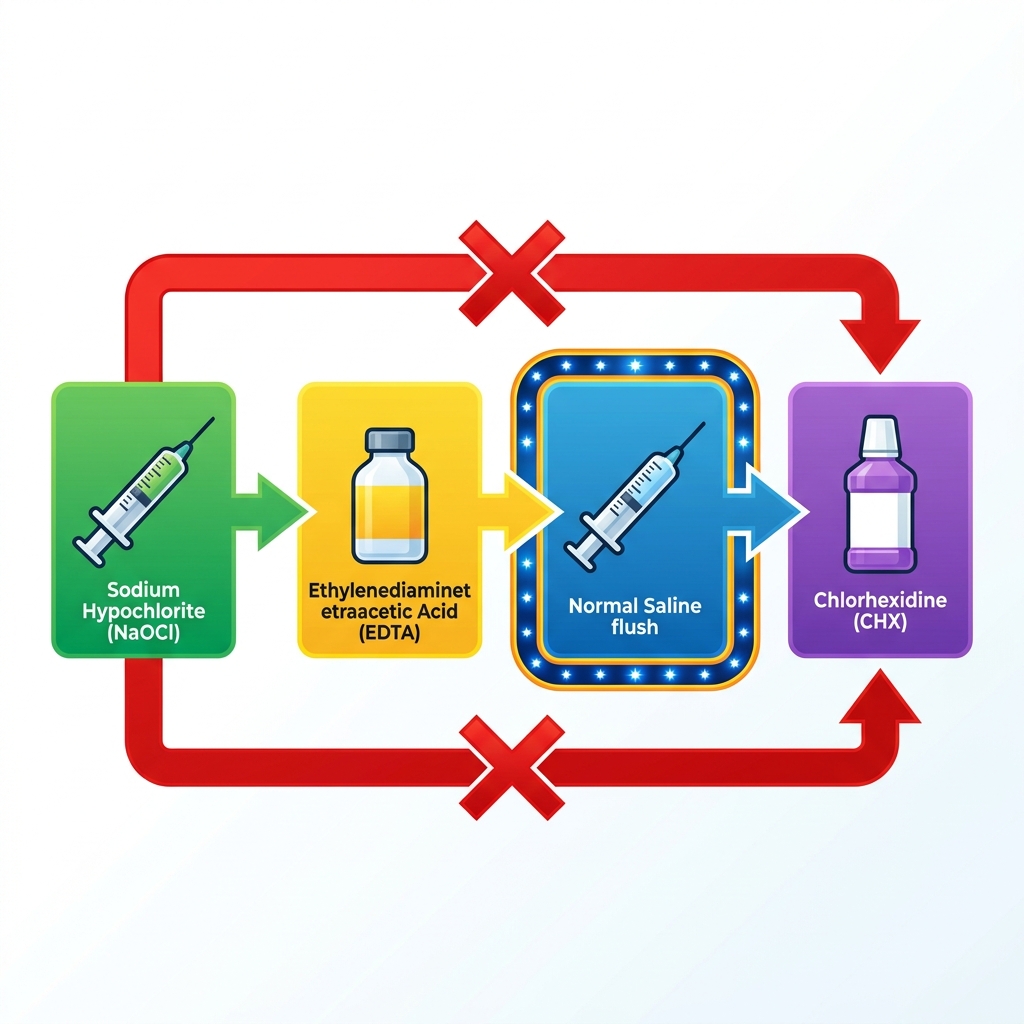 infographic quy trình 4 bước bơm rửa ống tủy an toàn tránh phản ứng PCA giữa NaOCl và Chlorhexidine Infographic dạng flowchart hướng dẫn 4 bước giao thức bơm rửa an toàn: Bước 1 (NaOCl - màu xanh lá), Bước 2 (EDTA - màu vàng), Bước 3 (Normal Saline flush - màu xanh dương, được highlight/phóng to với biểu tượng cảnh báo), Bước 4 (CHX - màu tím). Mũi tên cảnh báo màu đỏ X giữa NaOCl và CHX nếu bỏ qua bước flush.