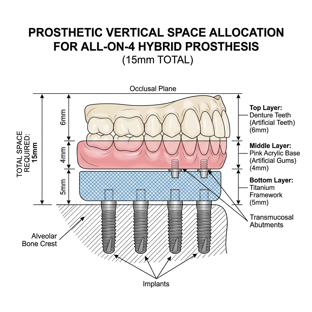 kich thuoc khoang phuc hinh toi thieu all on 4 hybrid prosthesis Sơ đồ mặt cắt dọc (cross-section) của phục hình lai All-on-4 mô tả chi tiết kích thước các lớp cấu trúc trong khoảng phục hình 15 mm: Lớp khung sườn titanium (5 mm), lớp nướu giả acrylic (4 mm), và răng phục hình (6 mm). Chỉ dẫn rõ ràng vị trí mào xương và mặt nhai. Phong cách sơ đồ kỹ thuật sắc nét, chú thích kích thước chi tiết.