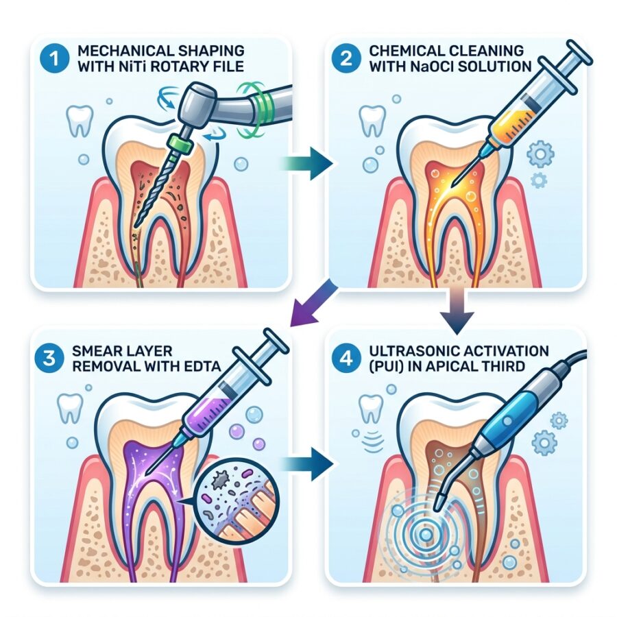 Xử lý bề mặt ống tủy nhiễm trùng: phối hợp bơm rửa hóa học & sửa soạn cơ học
