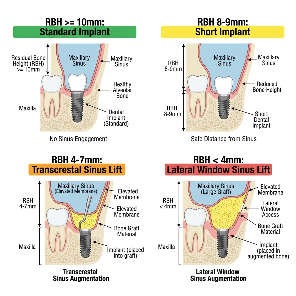 Phân loại Residual Bone Height (RBH) và chỉ định lâm sàng tương ứng: short implant, nâng xoang nội nha và nâng xoang ngoài.