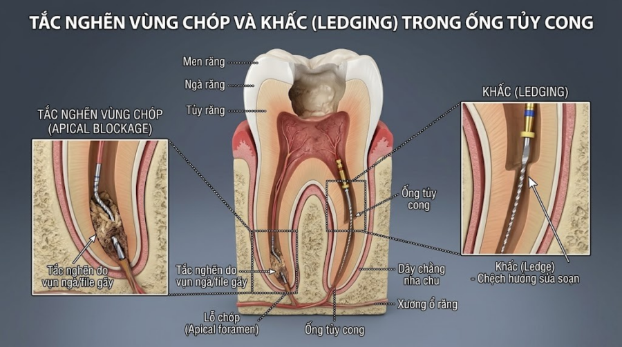 Kiểm soát Tắc nghẽn vùng chóp và Khấc (Ledging) trong Sửa soạn Ống tủy cong