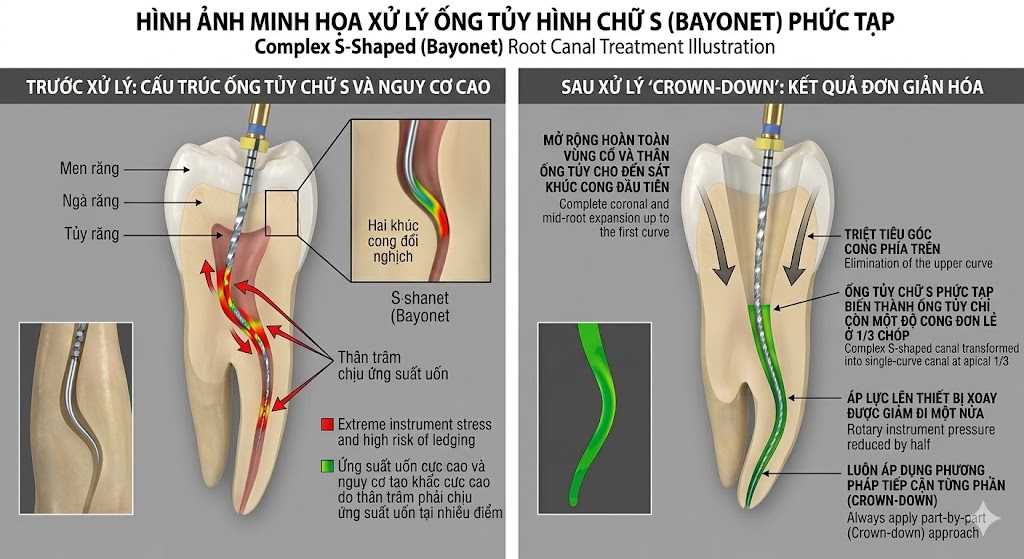Chiến thuật tiếp cận từng phấn (Crown-down) xử lý ống tủy hình chữ S phức tạp