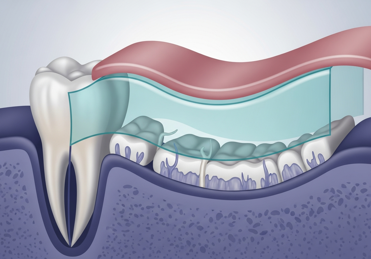 Minh hoạ màng chắn tự tiêu trong tái tạo mô có hướng dẫn (GTR)