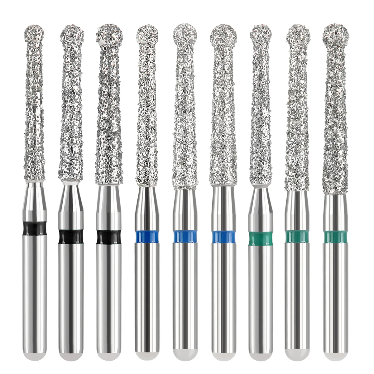Bộ dụng cụ mũi khoan kim cương chuyên dụng trong mài cùi răng, gồm đầu tròn (round-end diamond bur) để tạo đường hoàn tất Chamfer và đầu vuông (flat-end bur) để tạo đường hoàn tất Shoulder, hỗ trợ bác sĩ thực hiện kỹ thuật mài chính xác cho phục hình răng cố định.